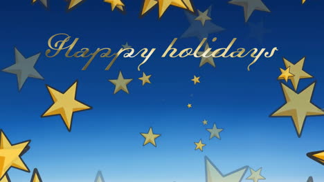 Animation-of-happy-holidays-text-over-christmas-stars-falling-on-blue-background