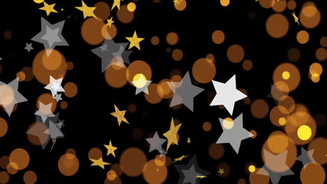 Animation-of-gold-and-white-stars,-yellow-and-orange-light-spots-on-black-background