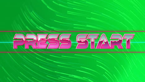 Animation-of-press-start-text-over-light-trails-on-green-background