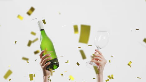 Caucasian-woman-holding-bottle-of-white-wine-and-glass,-confetti-falling-on-white-background