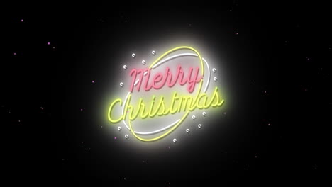 Animation-of-merry-christmas-text-in-pink-and-yellow-neon-with-snow-on-black-background