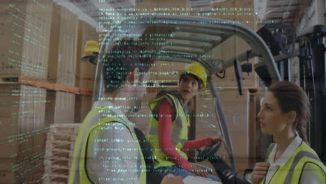 Animation-of-data-processing-over-diverse-people-working-in-warehouse