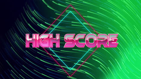 Animation-of-high-score-text-over-light-trails-on-green-background