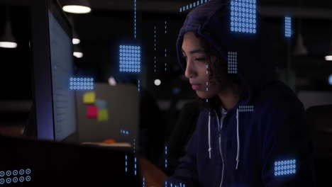 Animation-of-data-processing-over-female-hacker-using-computer