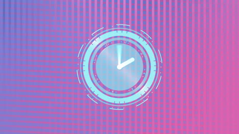 Animation-of-clock-and-pink-spots-on-blue-background