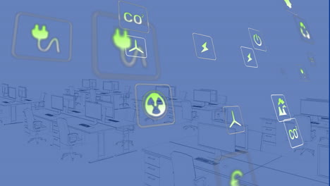 Animation-of-sustainable-energy-icons-over-3d-model-of-digital-workspace-in-office