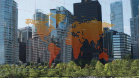 Animation-Einer-Weltkarte-Und-Der-Verarbeitung-Finanzieller-Daten-über-Gebäuden