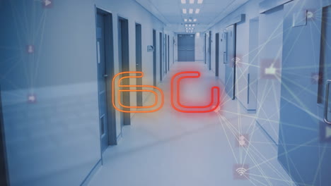 Animation-of-illuminated-6g-text-and-connected-icons-globes-over-corridor-of-office