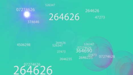 Animation-of-multiple-changing-number-with-lens-flares-moving-against-blue-background