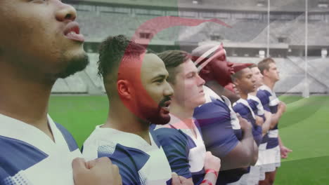 Animation-of-flag-of-algeria-over-diverse-male-rugby-players-singing-anthem-at-stadium