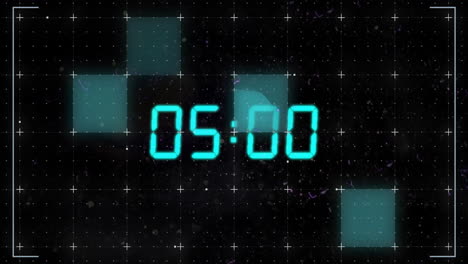 Animation-of-blue-digital-clock-timer-changing-over-grid-on-black-background
