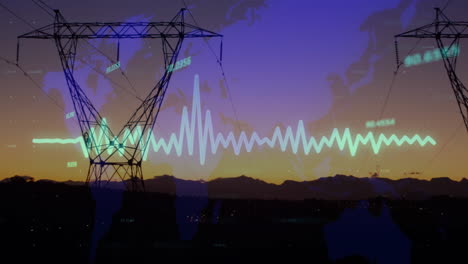 Animation-of-financial-data-processing-over-electric-pylons-in-countryside