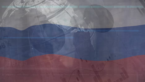 Animation-Der-Flagge-Russlands-über-Dem-Globus-Und-Diagramme-Zur-Datenverarbeitung