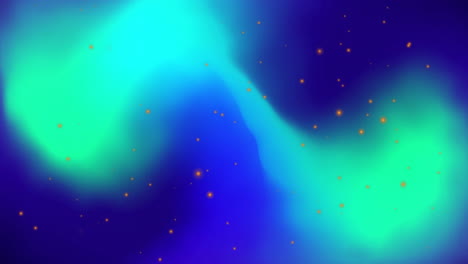Animation-Von-Gelben-Lichtpunkten-über-Grünen-Formen-Auf-Blauem-Hintergrund