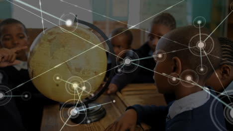 Animation-of-network-of-connections-and-globe-over-diverse-school-children