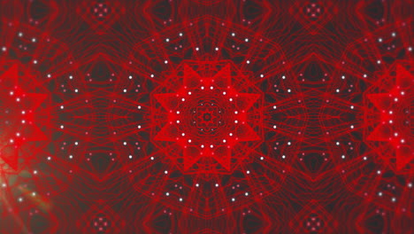 Animation-of-repeated-red-and-white-kaleidoscopic-star-patterns-on-dark-background