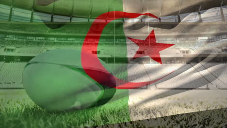 Animation-of-waving-flag-of-algeria-over-stadium-with-rugby-ball