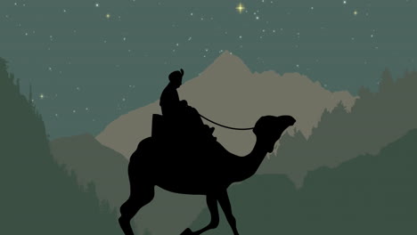 Animation-of-wise-man-on-camel-and-stars-on-mountains-background