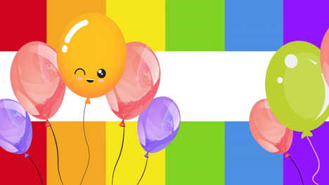 Animation-of-happy-orange-balloon-and-colourful-balloons-on-rainbow-background