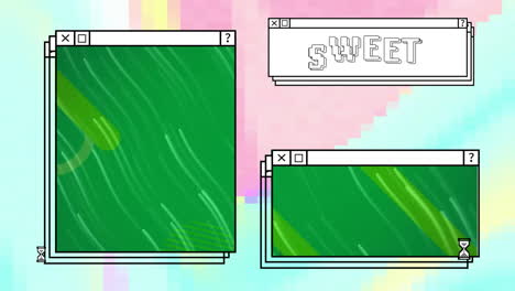 Animation-Von-Süßem-Text-Und-Lichtspuren-Auf-Fenstern-Mit-Eieruhren-über-Einem-Farbenfrohen-Computer-Desktop
