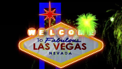 Animation-Von-„Willkommen-In-Las-Vegas“,-Neonschild-Und-Feuerwerk-Auf-Schwarzem-Hintergrund