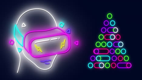 Animation-of-christmas-tree-and-video-game-neon-head-on-black-background