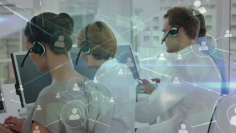 Animation-of-connected-icons,-diverse-call-center-agents-talking-with-customers-wearing-headsets
