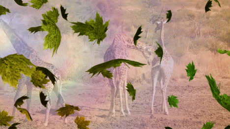 Animation-of-green-leaves-falling-over-giraffes-in-landscape