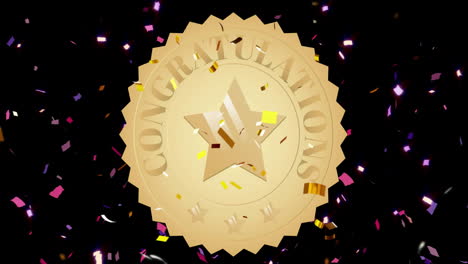 Animation-of-congratulations-text-on-gold-medal-and-falling-confetti-on-black-background