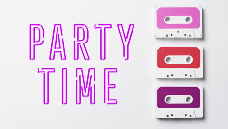 Animation-of-purple-party-time-text-over-tapes-on-white-background