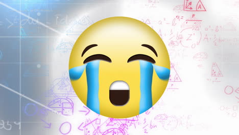 Animation-of-crying-emojis-over-mathematical-equation-and-diagrams-against-abstract-background