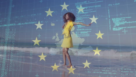 Animation-of-data-processing-and-european-flag-over-happy-african-american-woman-on-sunny-beach