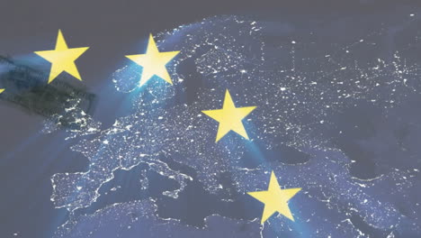Animation-Der-Flagge-Der-Europäischen-Union-Und-Der-Flagge-Europas-über-Amerikanischen-Dollarnoten