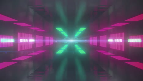 Animation-of-pink-and-green-moving-light-tunnel-on-dark-background