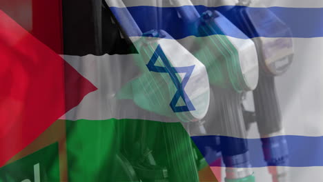 Animation-of-oil-petrol-pumps-over-flag-of-israel-and-palestine