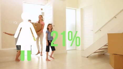 Animation-of-woman-and-percent-in-green-over-caucasian-family-moving-in-with-cardboard-boxes