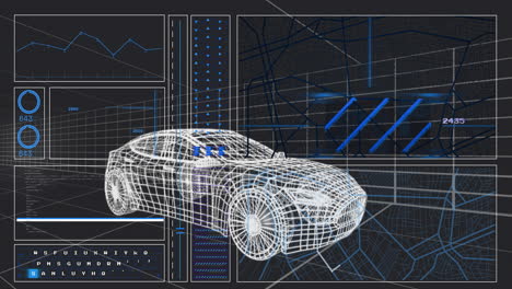 Animation-Eines-Diagramms,-Sich-ändernder-Zahlen,-Laden-Von-Kreisen-Und-Linien-Mit-Einem-3D-Modell-Eines-Autos
