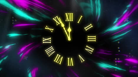 Animation-of-clock-showing-midnight-and-light-trails-on-black-background