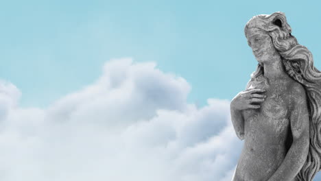 Animation-of-gray-sculpture-of-woman-over-blue-sky-and-clouds,-copy-space