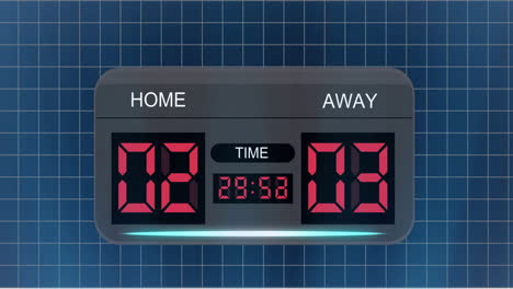 Animation-of-home,-away-text-with-changing-numbers-in-alarm-clock-over-grid-pattern