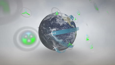 Animation-Von-Symbolen-über-Einem-Globus-Mit-Flugzeugen-Auf-Weißem-Hintergrund