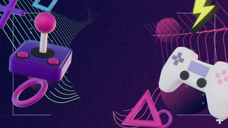 Animation-of-gaming-and-music-icons-over-shapes-on-purple-background