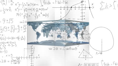 Animation-of-mathematical-data-processing-over-world-map-on-white-background
