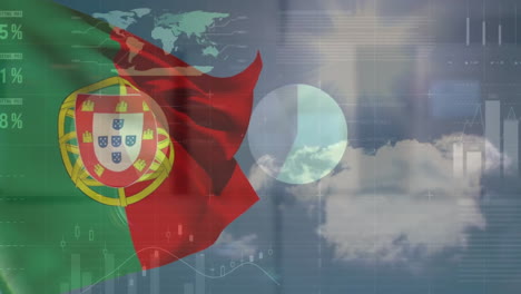 Animation-of-flag-of-portugal-over-blue-sky-and-charts-processing-data