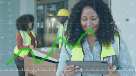 Animation-of-data-processing-over-biracial-female-engineer-in-hi-vis-vest-using-tablet