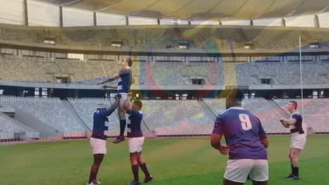 Animation-of-flag-of-ecuador-over-diverse-male-rugby-players-playing-at-stadium