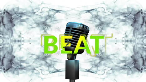 Animation-of-beat-text-over-stage-microphone-and-smoke-on-white-background