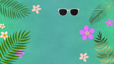 Animation-Von-Blättern-Und-Sonnenbrillen-über-Einem-Abstrakten,-Lebendigen-Muster