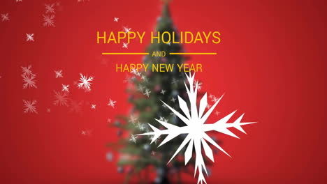 Animation-of-happy-holidays-text-over-christmas-tree-on-red-background