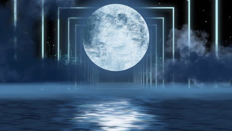 Animation-of-full-moon-and-reflection-in-water-over-white-neon-arches-on-night-sky
